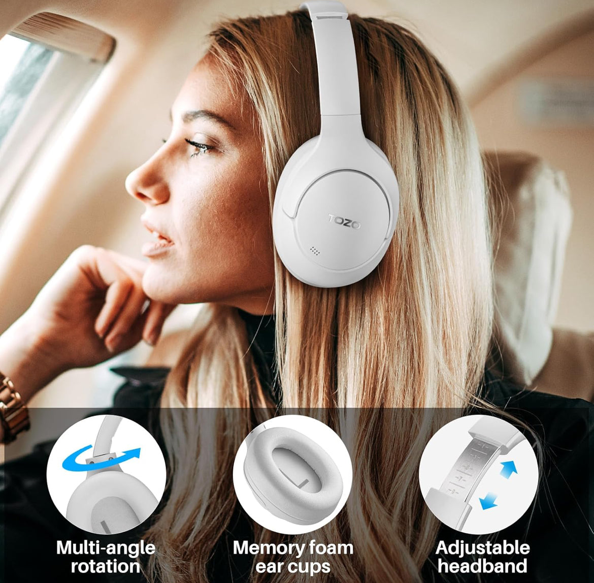 Hybrid Active Noise Cancelling Headphones, Wireless Over Ear Bluetooth, 40H Playtime, Hi-Res Audio Custom EQ, Comfort Fit Ear Cups (White)