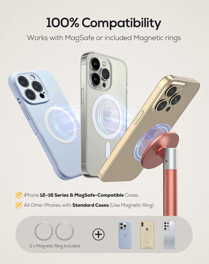 Magnetiese Volledig Aluminium Foonstaander, 360 Grade Draaibaar vir Lessenaar m/ Metaalring, Verstelbare Houer met MagSafe-tas - Pienk