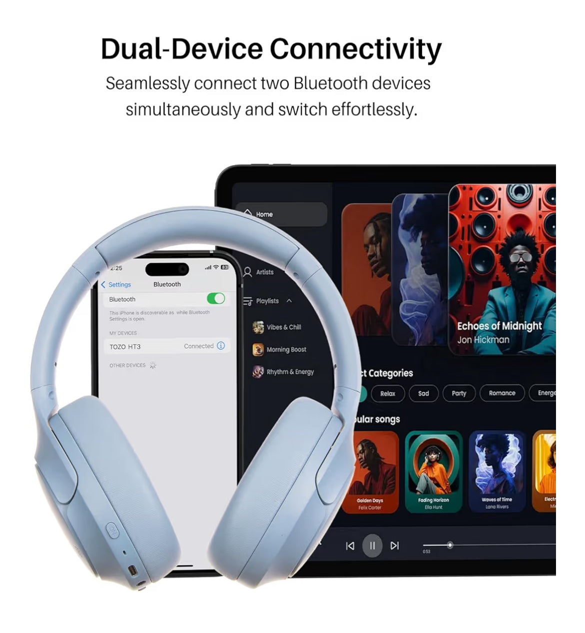 HT3 Hybrid Noise Cancelling Headphones, 90H Battery Life Over Ear Bluetooth 6.0 Foldable Headset, AI Voice Assistant - Blue