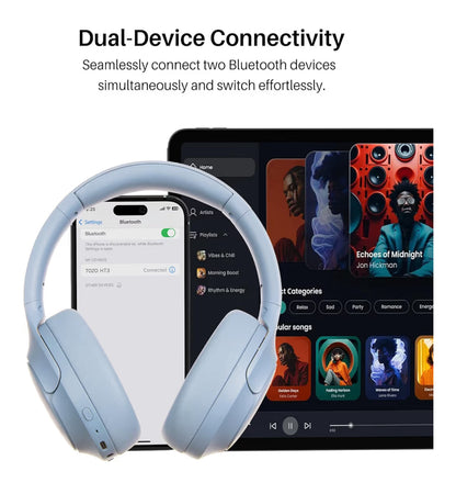 HT3 Hybrid Noise Cancelling Headphones, 90H Battery Life Over Ear Bluetooth 6.0 Foldable Headset, AI Voice Assistant - Blue