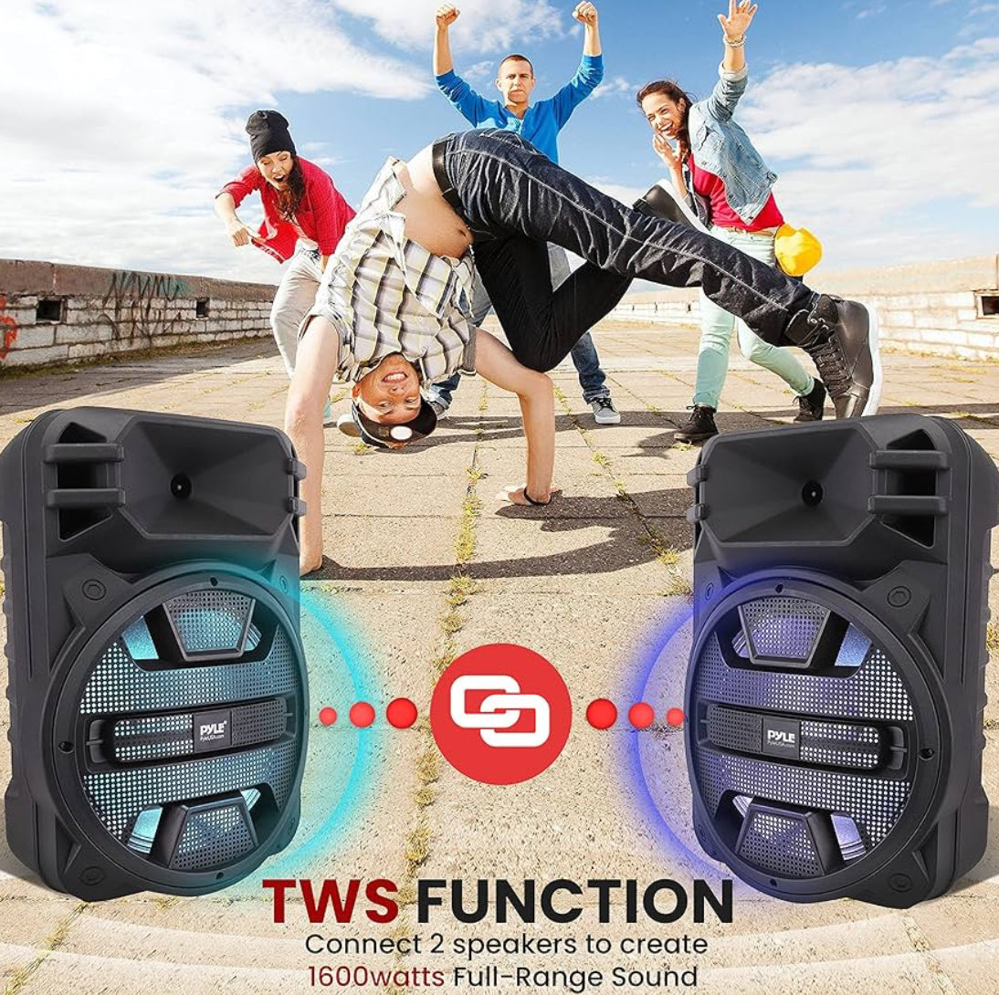 Portable Bluetooth Speaker System  12'' 800 Watts w/ Latest DJ LED Lights, USB/FM/BT/Aux/Remote Control/Mic Inputs & Built-in Rechargeable Battery