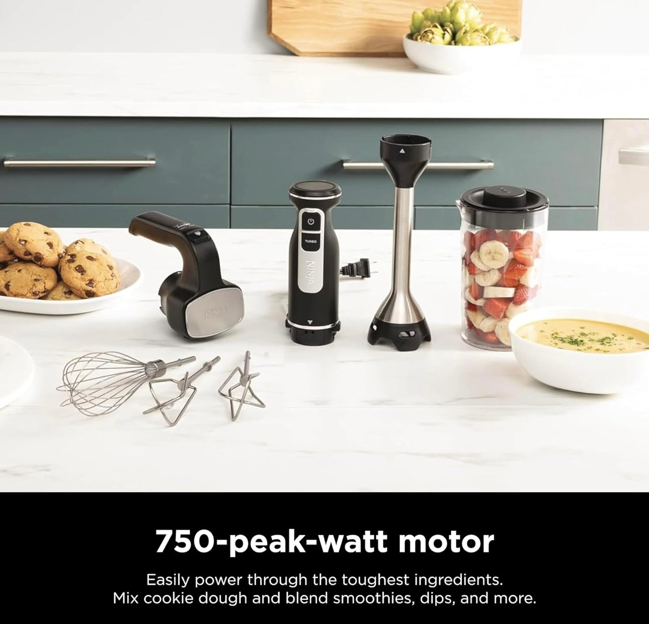 Ninja Hand Mixer, Immersion Blender, Foodi Power Mixer System, 750-Peak-Watt Handheld Emulsion Blender & Electric Hand Mixer Combo - Black CI101