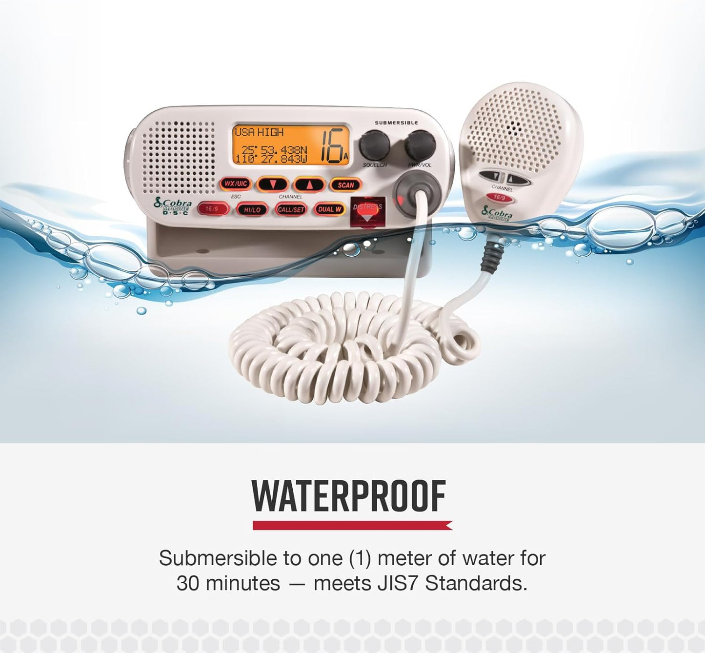 Cobra MR F45-D Vaste-Monteer VHF Marieneradio – 25 Watt VHF, Dompelbaar, LCD-skerm, Geraasdempende Mikrofoon, NOAA Weerkanale, Seinsterktemeter, Skandeerkanale, Wit