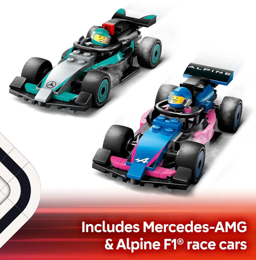 LEGO City F1 Motorhuis & Mercedes-AMG & Alpine Motorspeelgoed - Modelrenmotorbouwspeelgoed en Draagbare Speelstel F1-Versamelstuk - 60444