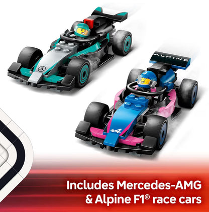 LEGO City F1 Motorhuis & Mercedes-AMG & Alpine Motorspeelgoed - Modelrenmotorbouwspeelgoed en Draagbare Speelstel F1-Versamelstuk - 60444