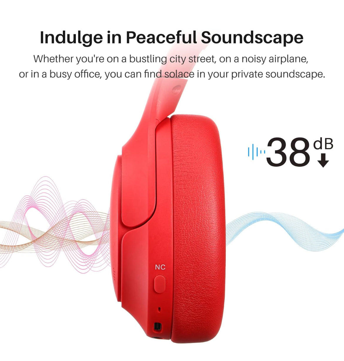Hybrid Active Noise Cancelling Headphones, Wireless Over Ear Bluetooth, 40H Playtime, Hi-Res Audio Custom EQ, Comfort Fit Ear Cups (Red)