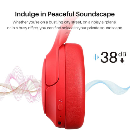 Hybrid Active Noise Cancelling Headphones, Wireless Over Ear Bluetooth, 40H Playtime, Hi-Res Audio Custom EQ, Comfort Fit Ear Cups (Red)