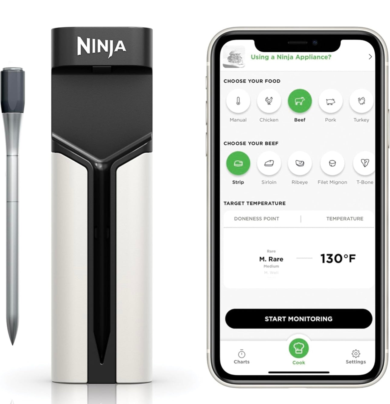 Ninja Vleistermometer ProChef Koordlose Sonde vir Binne- en Buite-lugbraaier, Braai, Kook, Rooker, Oond, Rooster, Langafstand Bluetooth-toepassingverbinding, Opvlam-bestand, Waterdig, Slegs VSA, WP100