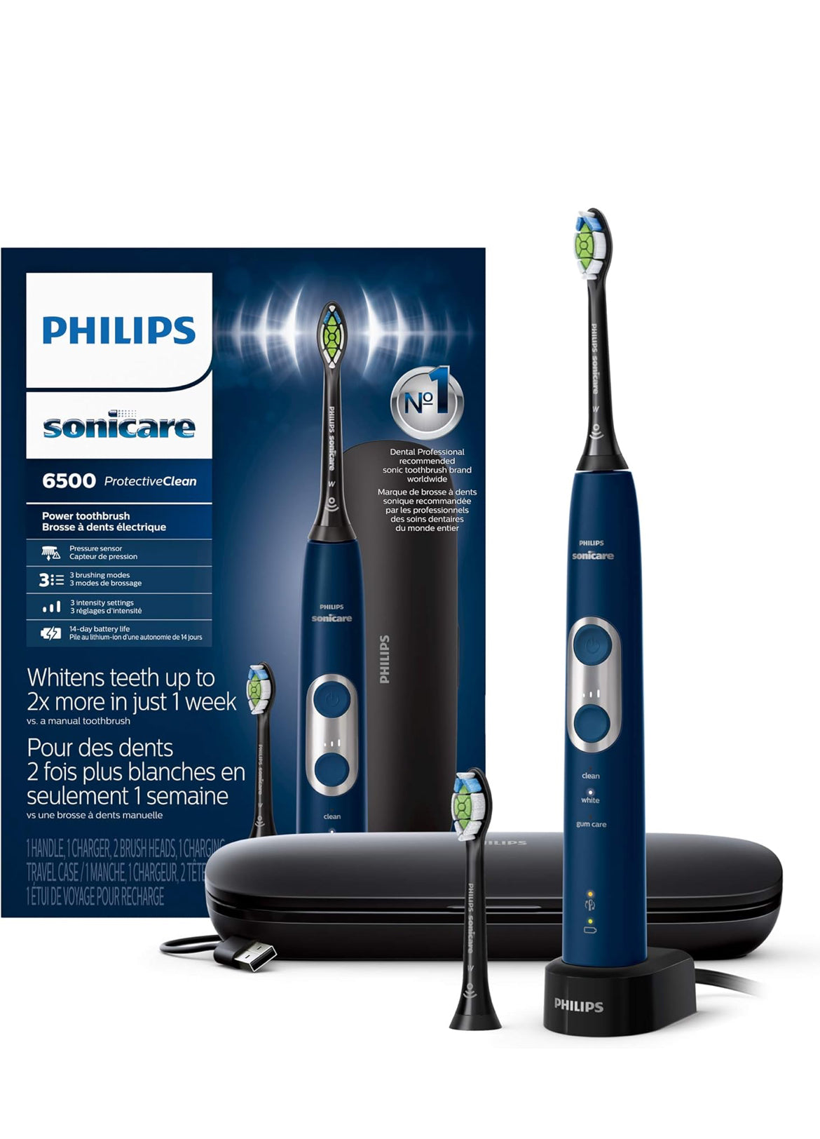 Brosse à dents électrique rechargeable Philips Sonicare ProtectiveClean 6500, avec capteur de pression, 3 modes de nettoyage, SmarTimer et QuadPacer, étui de voyage de charge – Bleu marine, HX6462/07