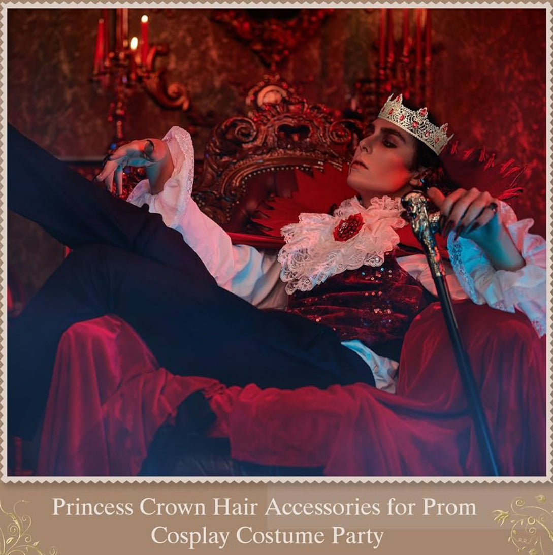 2 Stuks Prom Koning en Koningin Krone vir Mans Vroue Koning Koningin Krone Tiara met Strass vir Trou Verjaarsdag Gradeplegtigheid (Rooi Goud, Rooi Styl)