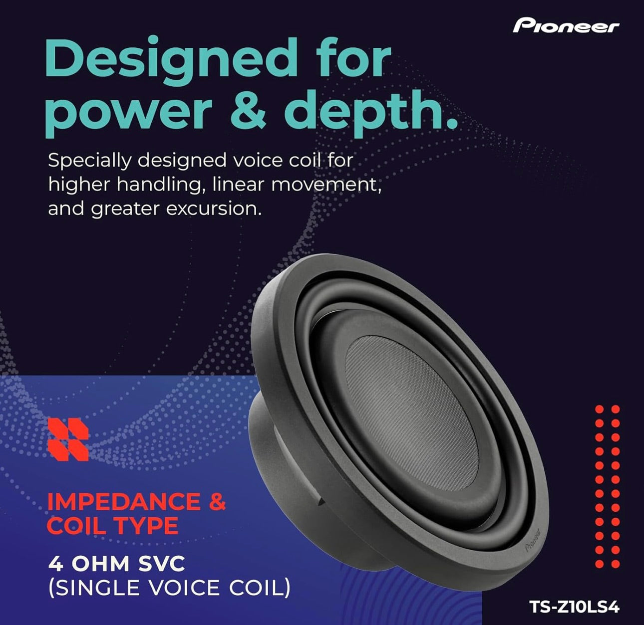 Pioneer TS-Z10LS4 10” Oorgroot Subwoofer, Vlak Ontwerp, Maklike Installasie en Buigsame Pasvorm, 1300 Watt Spitskrag, Enkel 4 Ohms Spreekspoel vir Diep, Verbeterde Bassweergawe