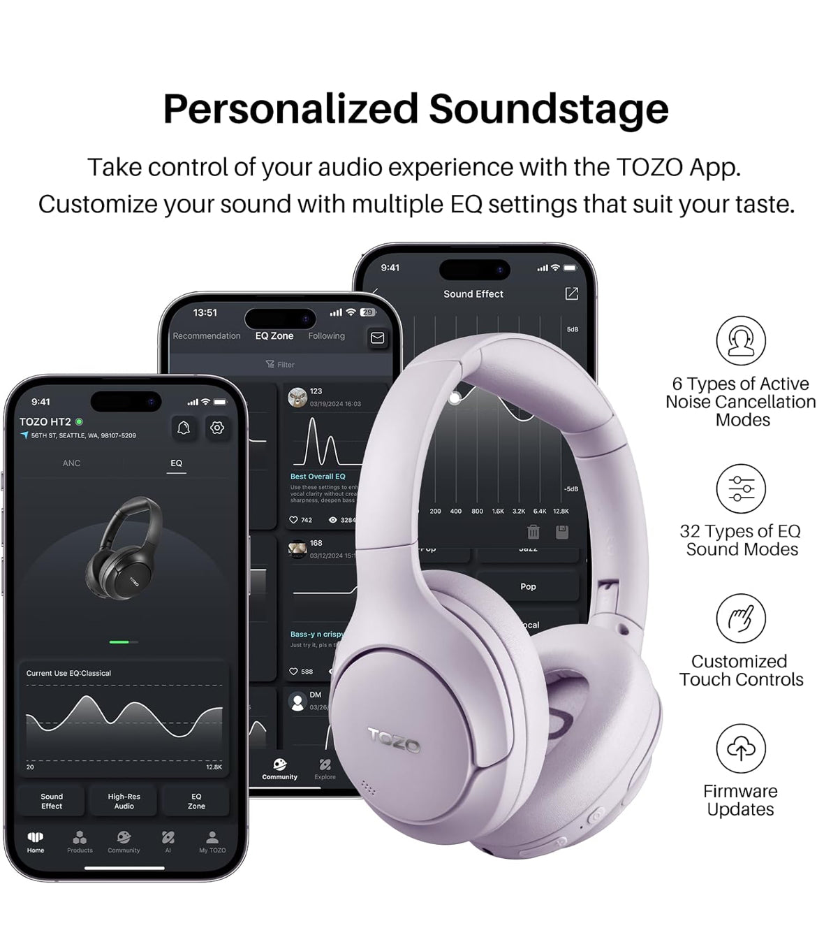 Hybrid Active Noise Cancelling Headphones, Wireless Over Ear Bluetooth, 40H Playtime, Hi-Res Audio Custom EQ, Comfort Fit Ear Cups (Purple)