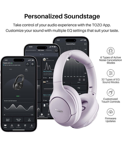 Hybrid Active Noise Cancelling Headphones, Wireless Over Ear Bluetooth, 40H Playtime, Hi-Res Audio Custom EQ, Comfort Fit Ear Cups (Purple)