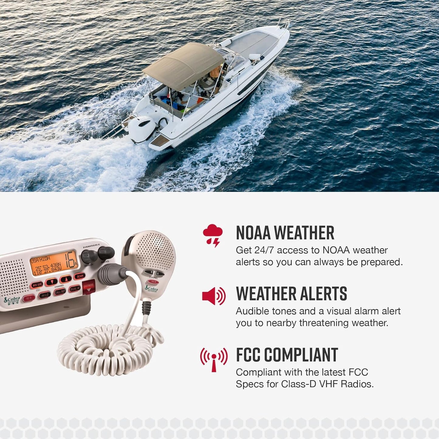 Cobra MR F45-D Vaste-Monteer VHF Marieneradio – 25 Watt VHF, Dompelbaar, LCD-skerm, Geraasdempende Mikrofoon, NOAA Weerkanale, Seinsterktemeter, Skandeerkanale, Wit