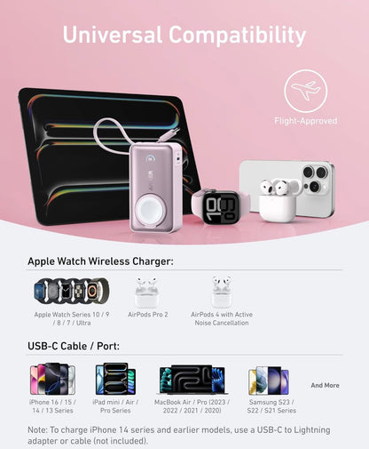 Anker MagGo Kragbank vir Apple Watch, Amptelik Gesertifiseer, 10,000 mAh Kompakte Battery - Pienk