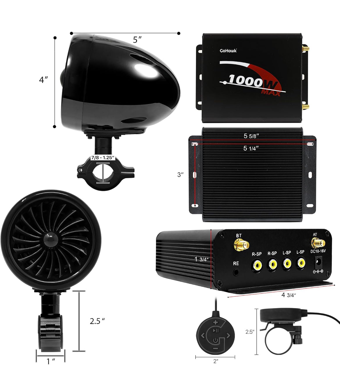 Motorcycle Speakers Bluetooth 4 Inch Waterproof Radio Audio System
1000W Amplifier, Remote Control, AUX USB SD FM Radio, Fits 7/8"–1-1/4" bar for ATVs/Motorcycles, 12 Volt Vehicles