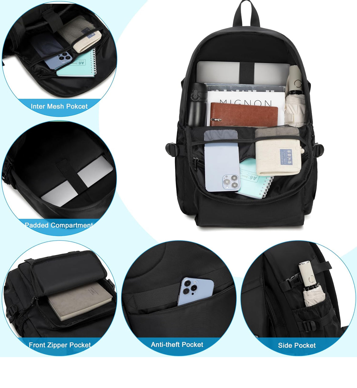 Laptop Backpack for Women, 15.6 Inch Work Laptop Bag Anti Theft Travel Backpacks Large School Bags Bookbag Casual Daypack Computer Bookbags for Teens Girls Students Black