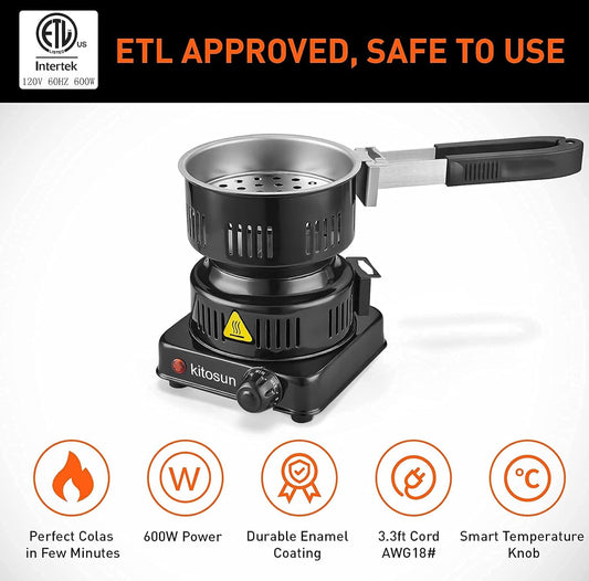 Electric Stove Coconut Charcoal Starter Hot Plate Durable Faster Coal Burner 120V~600W w/ Detachable Handle Stainless Steel Grill & Rack Smart Heat Control