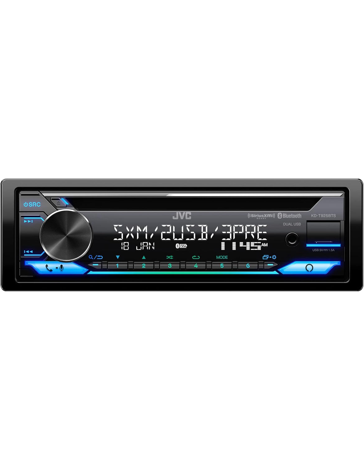 JVC KD-T925BTS Bluetooth Motorstereo-ontvanger met USB-poort – LCD-skerm - AM/FM Radio - MP3-speler - Dubbel DIN – 13-band EQ (Swart)