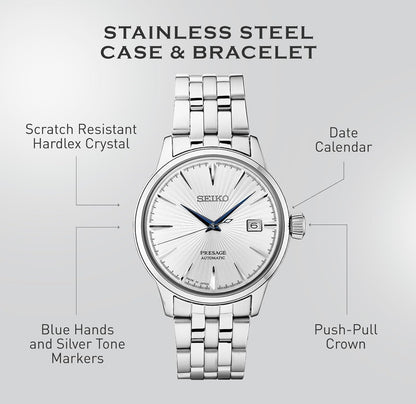 SEIKO SRPB77 Outomatiese Horlosie vir Mans - Presage Cocktail Time - Silwer Skakelaarplaat met Patroon en Glansafwerking, Datumkalender, 50m Waterbestand