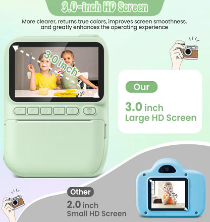 Kitsdruk-kamera 3.0" HD 32MP Kinders 1080P m/ 3 Rolletjies Drukkerpapier 32GB SD Kaart (Groen)