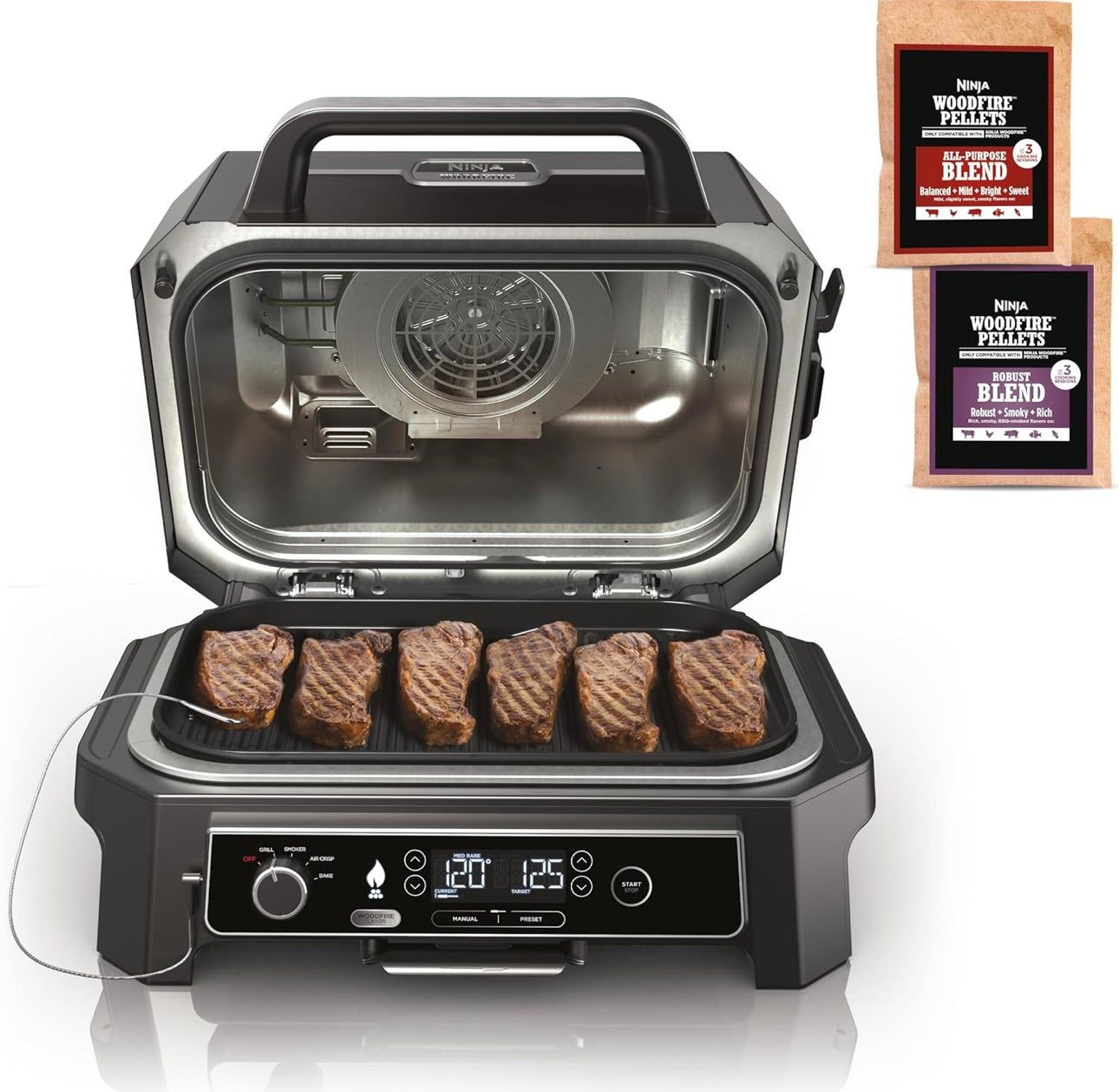 Ninja, Woodfire Pro XL Buitebraaier & Roker, Termometer, 4-in-1 Meesterbraaier, BBQ Roker, Buite Lugbraaier, Bak, Draagbaar, Elektriese Braaier - Donkergrys