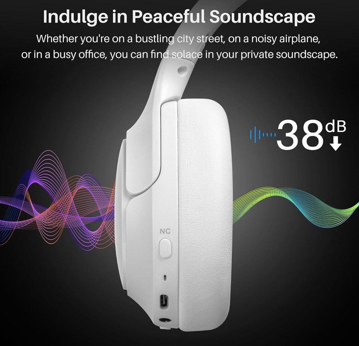 Hybrid Active Noise Cancelling Headphones, Wireless Over Ear Bluetooth, 40H Playtime, Hi-Res Audio Custom EQ, Comfort Fit Ear Cups (White)