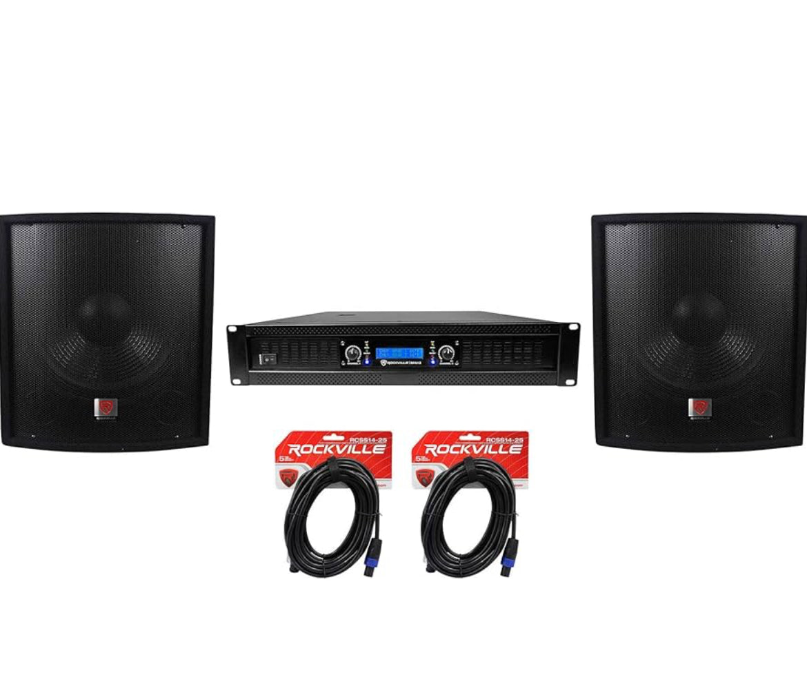 Rockville (2) SBG1158 15" Pro DJ PA Subwoofers+5000w 2-Kanaal Versterker+Kabels