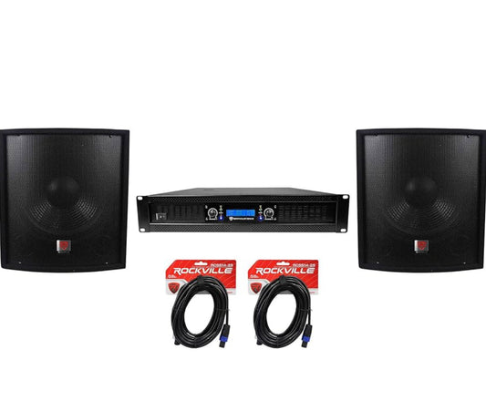 Rockville (2) SBG1158 15" Pro DJ PA Subwoofers+5000w 2-Kanaal Versterker+Kabels