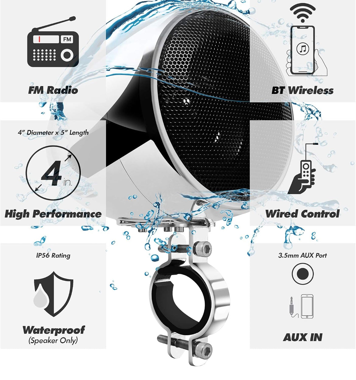 Motorcycle Speakers Bluetooth 4 Inch Waterproof Radio Audio System
100W Amplifier, Remote Control, AUX USB SD FM Radio, Fits 7/8"–1-1/4" bar for Motorcycle ATV 12 Volt Vehicles