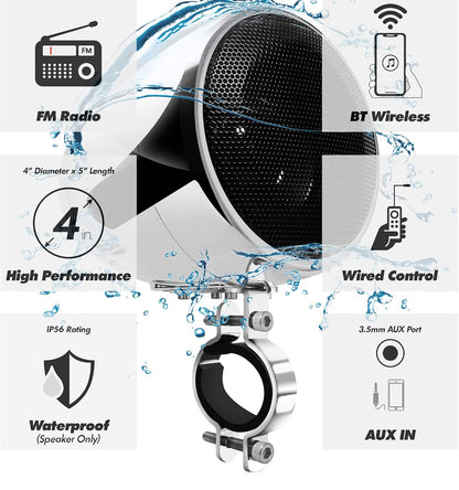 Motorcycle Speakers Bluetooth 4 Inch Waterproof Radio Audio System
100W Amplifier, Remote Control, AUX USB SD FM Radio, Fits 7/8"–1-1/4" bar for Motorcycle ATV 12 Volt Vehicles
