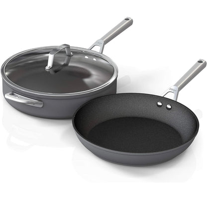 Ninja C33000 Foodi NeverStick Premium 3-Stuk Kookgerei Stel, 30 cm Braaipan, 4.7 Liter Soteerpan met Glasdeksel, Hard-Geanodiseer, Kleefvry, Duursaam en Oondveilig tot 260°C, Leigrys