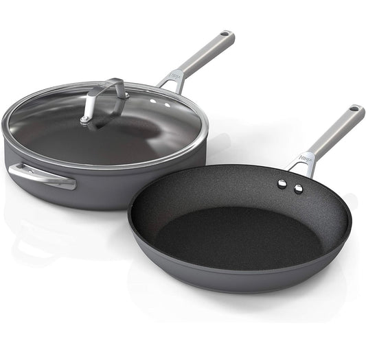 Ninja C33000 Foodi NeverStick Premium 3-Stuk Kookgerei Stel, 30 cm Braaipan, 4.7 Liter Soteerpan met Glasdeksel, Hard-Geanodiseer, Kleefvry, Duursaam en Oondveilig tot 260°C, Leigrys