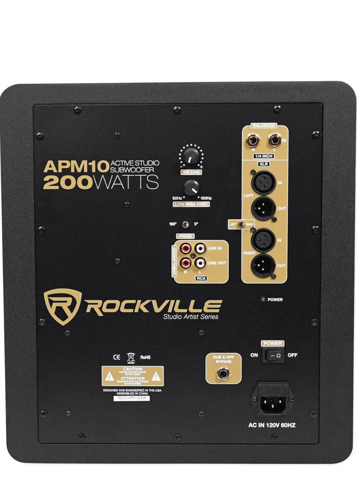 Rockville APM10B Active Studio Subwoofer in Black, 10"", 400W, MDF Wood, RCA/XLR/Optical, Front-Firing Port