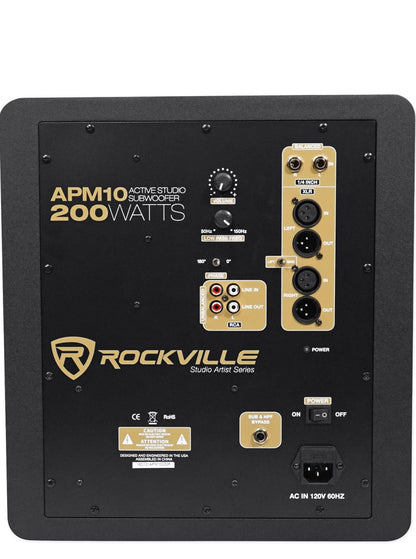 Rockville APM10B Aktiewe Studio Subwoofer in Swart, 10"", 400W, MDF Hout, RCA/XLR/Opties, Vooraan Vurende Poort