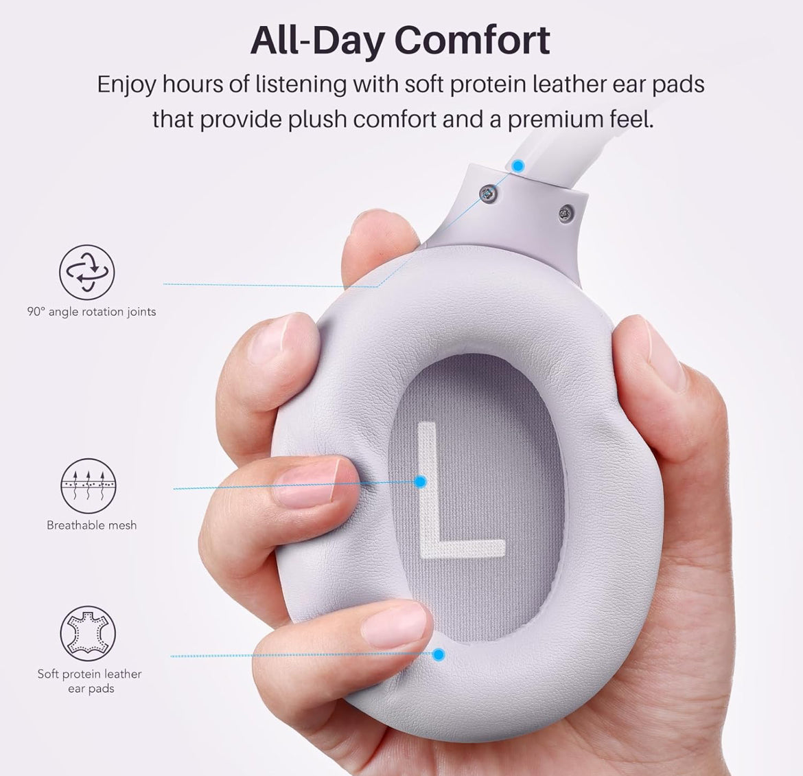 HT3 Hybrid Noise Cancelling Headphones, 90H Battery Life Over Ear Bluetooth 6.0 Foldable Headset, AI Voice Assistant - Light Purple