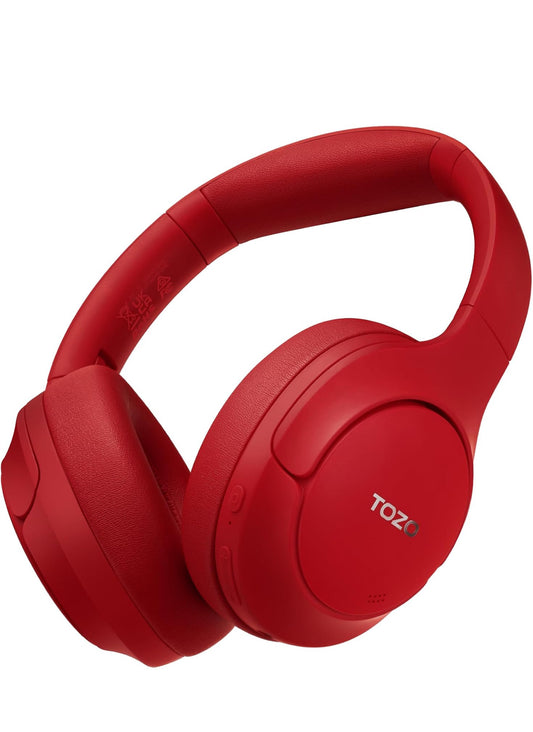 HT2 Hybrid Active Noise Cancelling Headphones, Wireless Over Ear Bluetooth Headset, 60H Playtime - Red