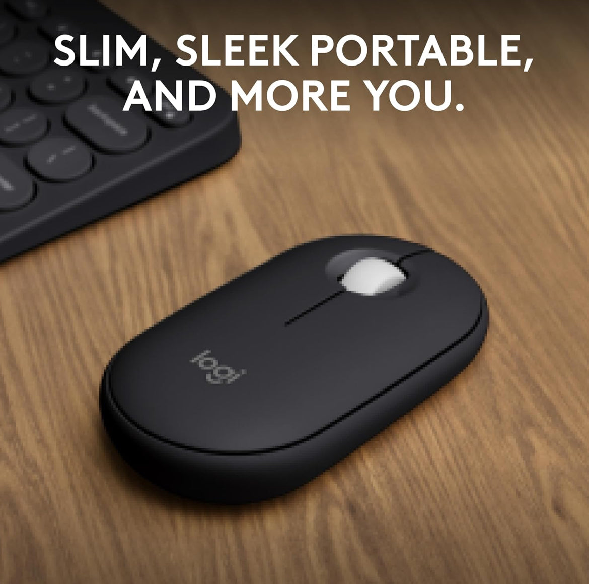 Logitech Pebble Muis 2 M350s Slank Bluetooth Draadlose Muis, Draagbaar, Liggewig, Aanpasbare Knoppie, Stil Kliek, Maklike Wisseling vir Windows, macOS, iPadOS, Android, Chrome OS - Swart