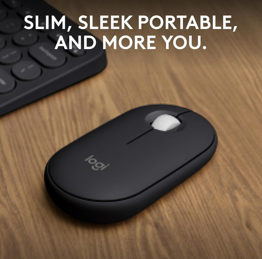 Logitech Pebble Muis 2 M350s Slank Bluetooth Draadlose Muis, Draagbaar, Liggewig, Aanpasbare Knoppie, Stil Kliek, Maklike Wisseling vir Windows, macOS, iPadOS, Android, Chrome OS - Swart
