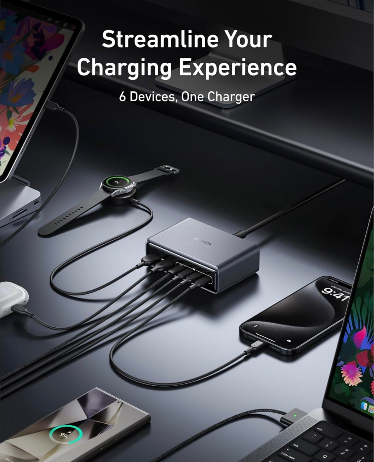 Anker Prime Charger, 200W 6-Port GaN Charging Station, USB-C PD Fast Charging Desktop - NEW