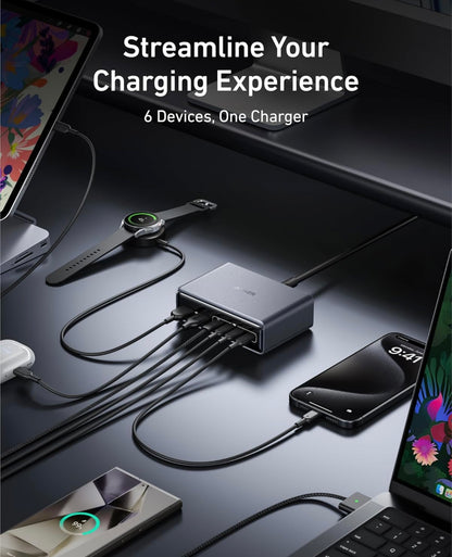 Anker Prime Charger, 200W 6-Port GaN Charging Station, USB-C PD Fast Charging Desktop - NEW