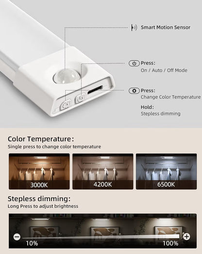 3 Pack 7” Motion Sensor Light Indoor, Wireless Under Lighting, 30 LED Rechargeable Lights, Dimmable, 3 Color Temperatures