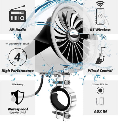 Motorcycle Speakers Bluetooth 4 Inch Waterproof Radio Audio System
100W Amplifier, Remote Control, AUX USB SD FM Radio, Fits 7/8"–1-1/4" bar for Motorcycle ATV 12 Volt Vehicles