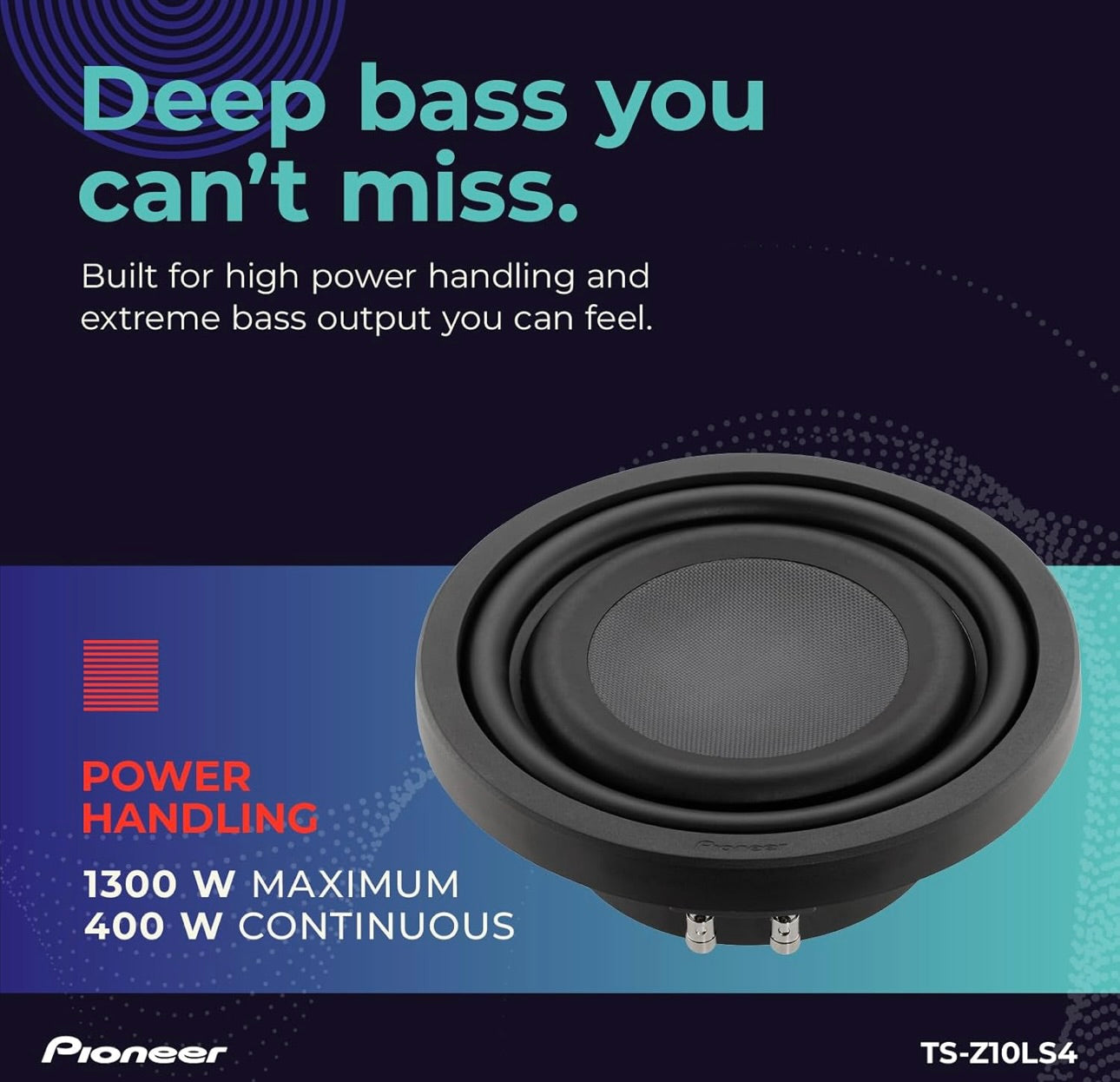 Pioneer TS-Z10LS4 10” Oorgroot Subwoofer, Vlak Ontwerp, Maklike Installasie en Buigsame Pasvorm, 1300 Watt Spitskrag, Enkel 4 Ohm Stemspoel vir Diep, Verbeterde Bassweergawe