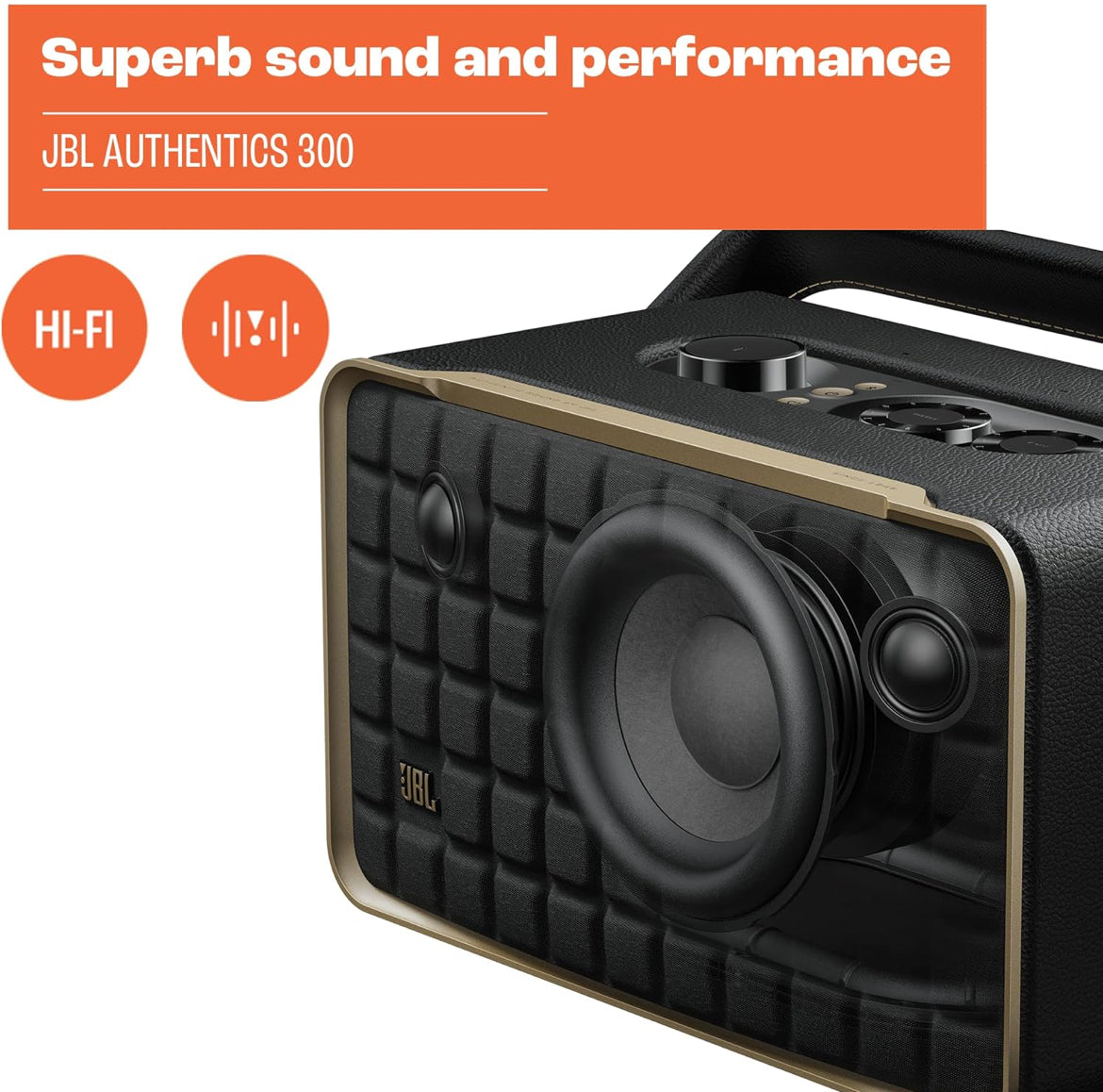 JBL Authentics 300 - Retro Style Wireless Bluetooth/WiFi Home Speaker, Built in Battery (4800mAh) - (White/Gold)