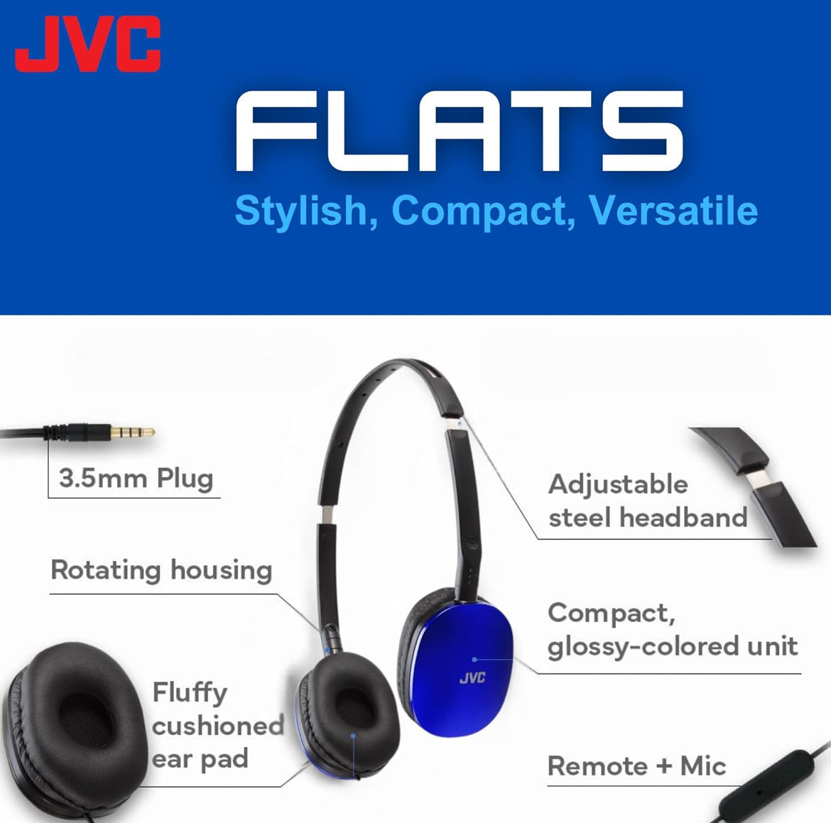 JVC Blou Plat Opvoubare Kleurvolle Flats Op-Oor-koptelefoon met Afstandbeheer en Mikrofoon, 1,2 m Goudgeplatte 3,5 mm Slanke Prop - HAS160MA, Verstelbaar