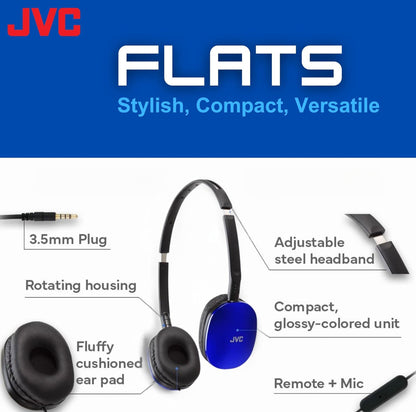 JVC Blou Plat Opvoubare Kleurvolle Flats Op-Oor-koptelefoon met Afstandbeheer en Mikrofoon, 1,2 m Goudgeplatte 3,5 mm Slanke Prop - HAS160MA, Verstelbaar