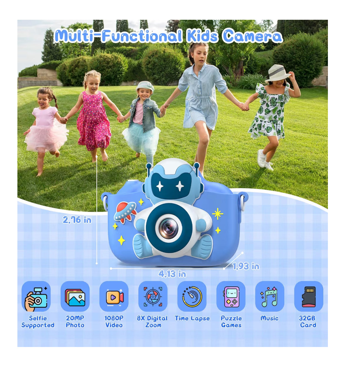 Kids Selfie Camera 20 MP HD 1080P IPS Screen Dual Digital Toy w/ 32Gb Card - (Blue)