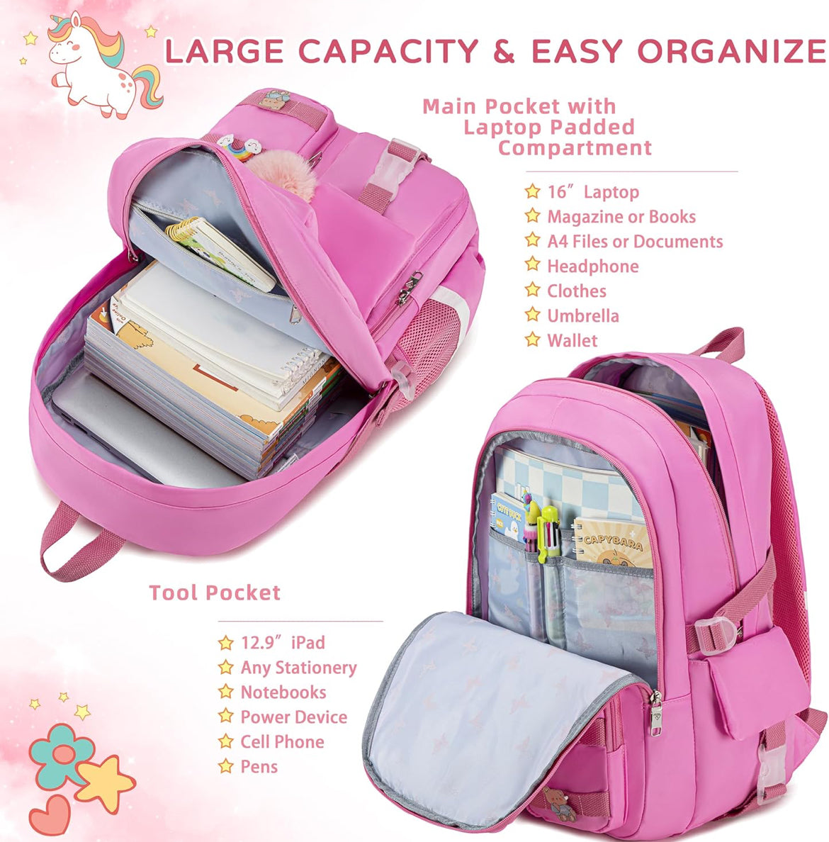 Backpack for girls Laptop Backpacks 15.6 Inch College Cute Bookbag Anti Theft Primary Elementary School Bag Casual Daypack for Teens Girls Women Students （Rose