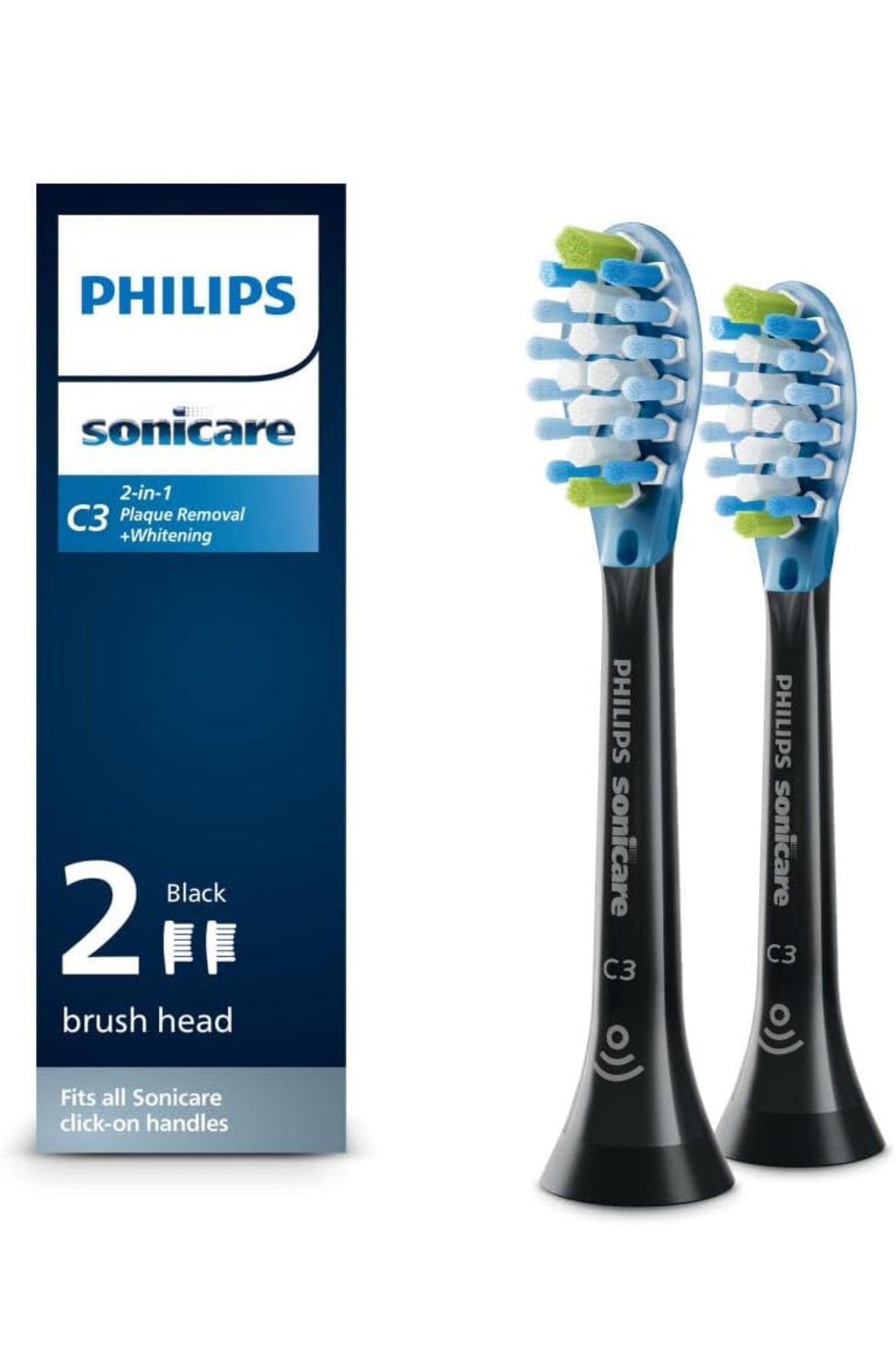 Philips Sonicare Oorspronklike C3 Premium Plaque Control Vervangende Tandeborselkoppe, 2 Borselkoppe (Swart) HX9042/95